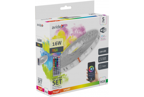 Avide LED Strip Blister 12V SMD5050 30LED RGB IP65 5m strip with WIFI TUYA + 44Key IR color box package